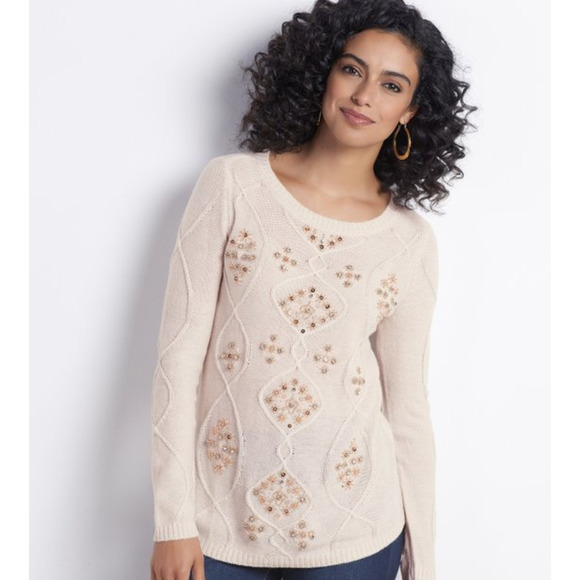 Soft Surroundings Natural Isra Bead Embellished Sparkle Crew Neck Sweater XS NWT - Picture 1 of 6